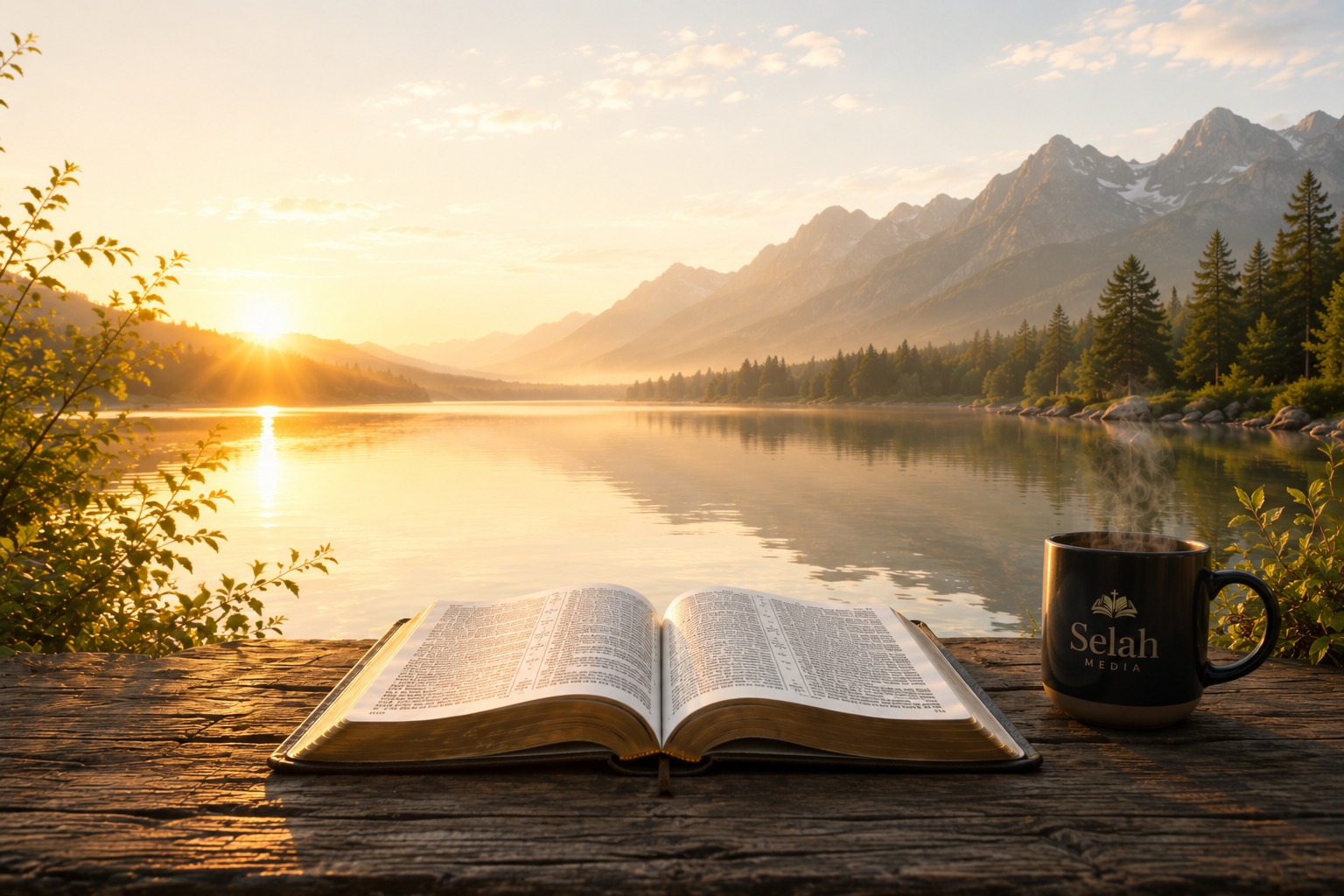 Biblia abierta sobre una mesa de madera frente a un lago tranquilo al amanecer
